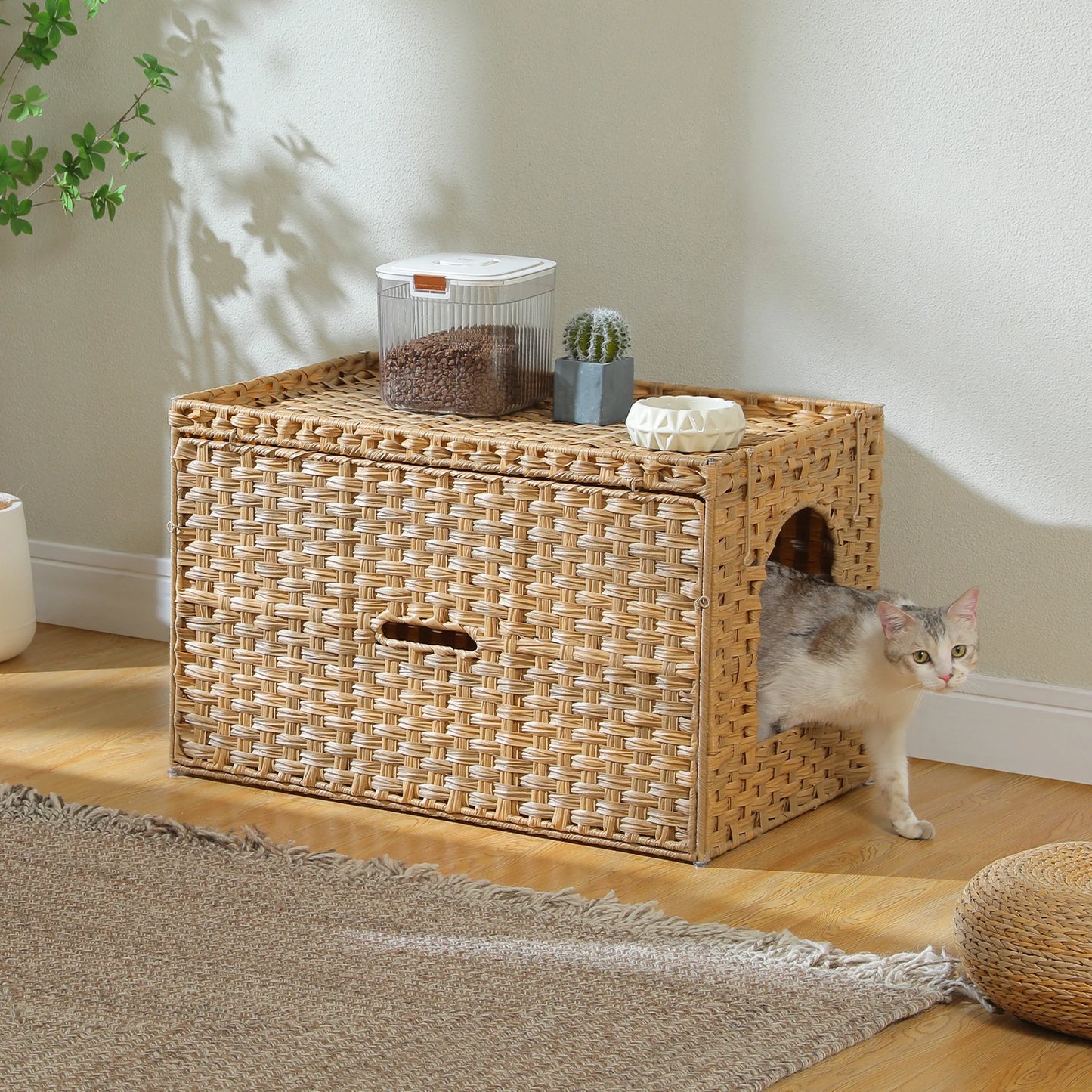 PEQULTICN Rattan Cat Litter Enclosure With Taller Doorway