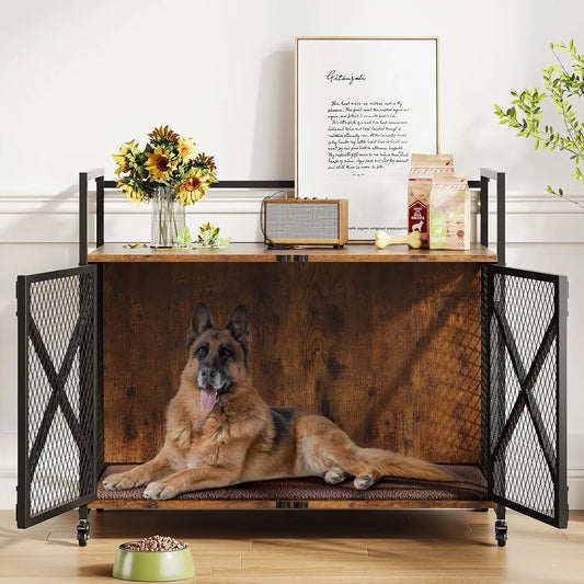 DishyKooker Wooden Durable Dog Crate End Table With Wheels