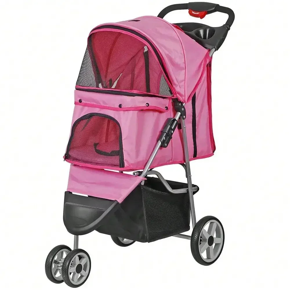 Foldable Three Wheel Pet Stroller For Dogs Cats Cup Holder
