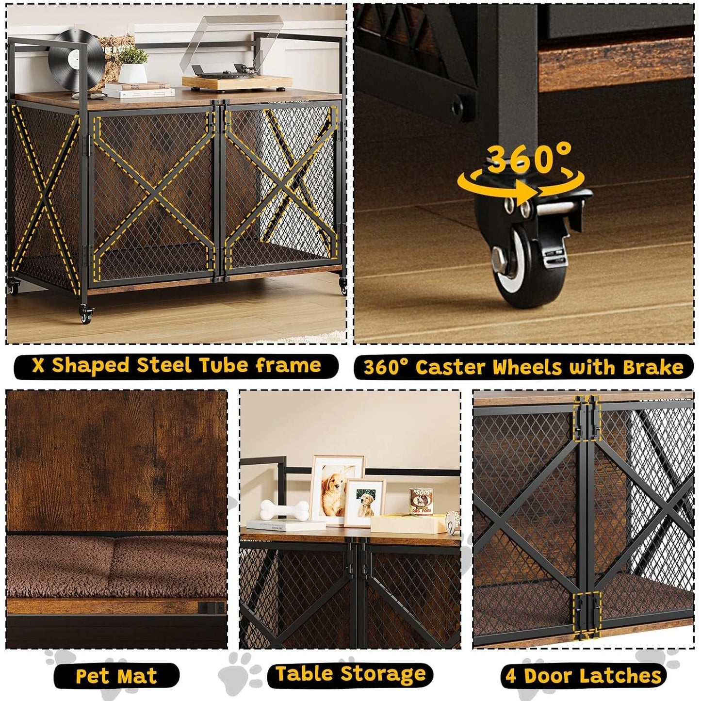 DishyKooker Large Wooden Dog Crate Furniture Lockable Wheels