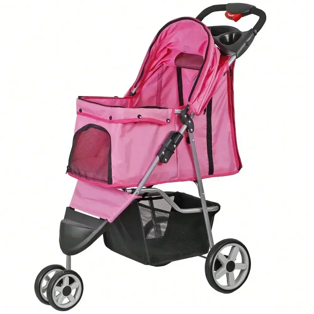 Foldable Three Wheel Pet Stroller For Dogs Cats Cup Holder