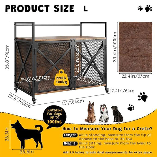 DishyKooker Large Wooden Dog Crate Furniture Lockable Wheels