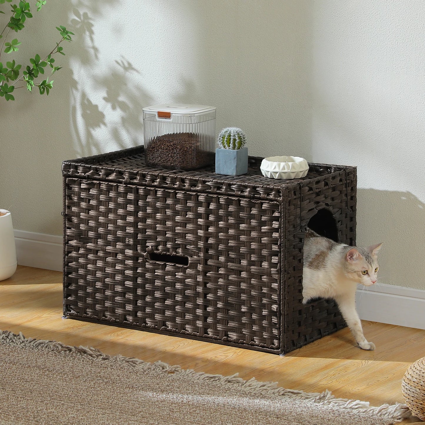 PEQULTICN Rattan Cat Litter Enclosure With Taller Doorway