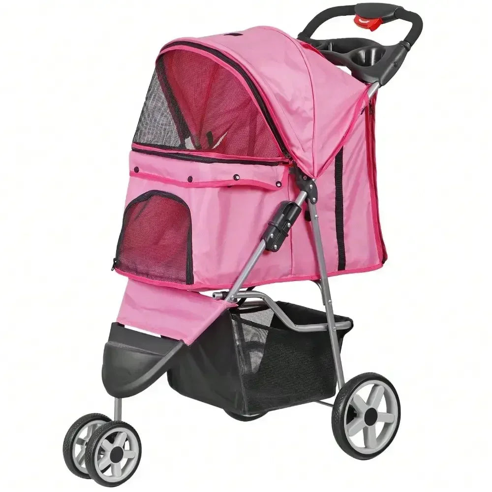 Foldable Three Wheel Pet Stroller For Dogs Cats Cup Holder