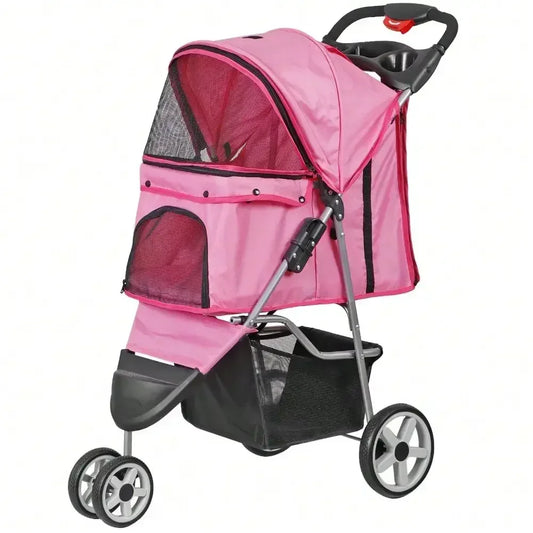 Foldable Three Wheel Pet Stroller For Dogs Cats Cup Holder