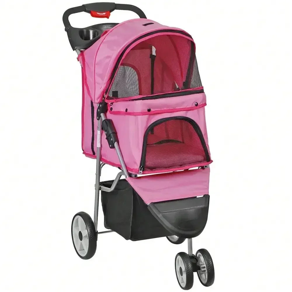 Foldable Three Wheel Pet Stroller For Dogs Cats Cup Holder