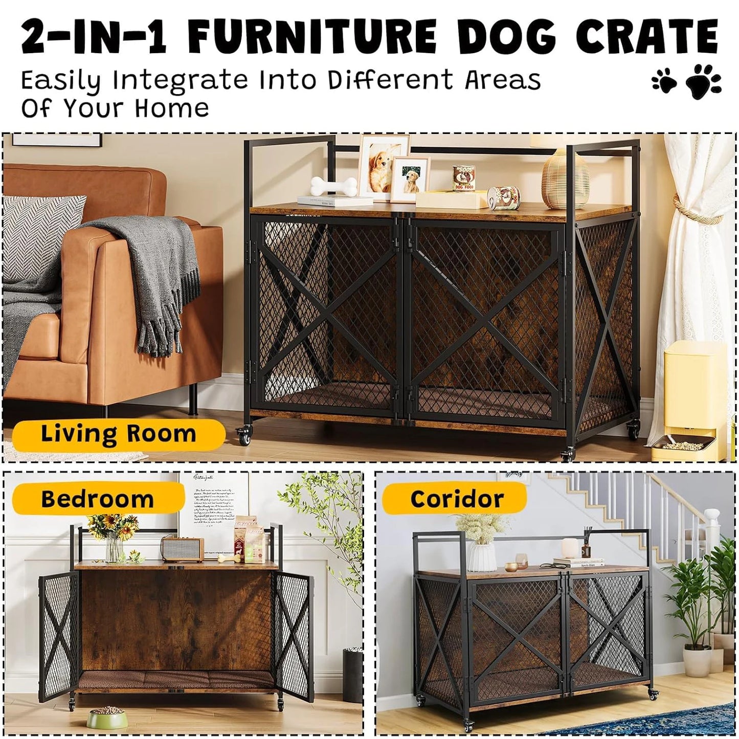 DishyKooker Wooden Durable Dog Crate End Table With Wheels