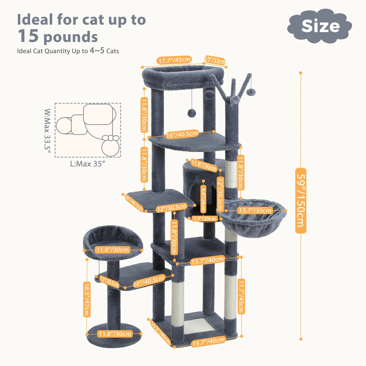 PEQULTICN Multi Level Cat Tree With Scratching Posts Hammock