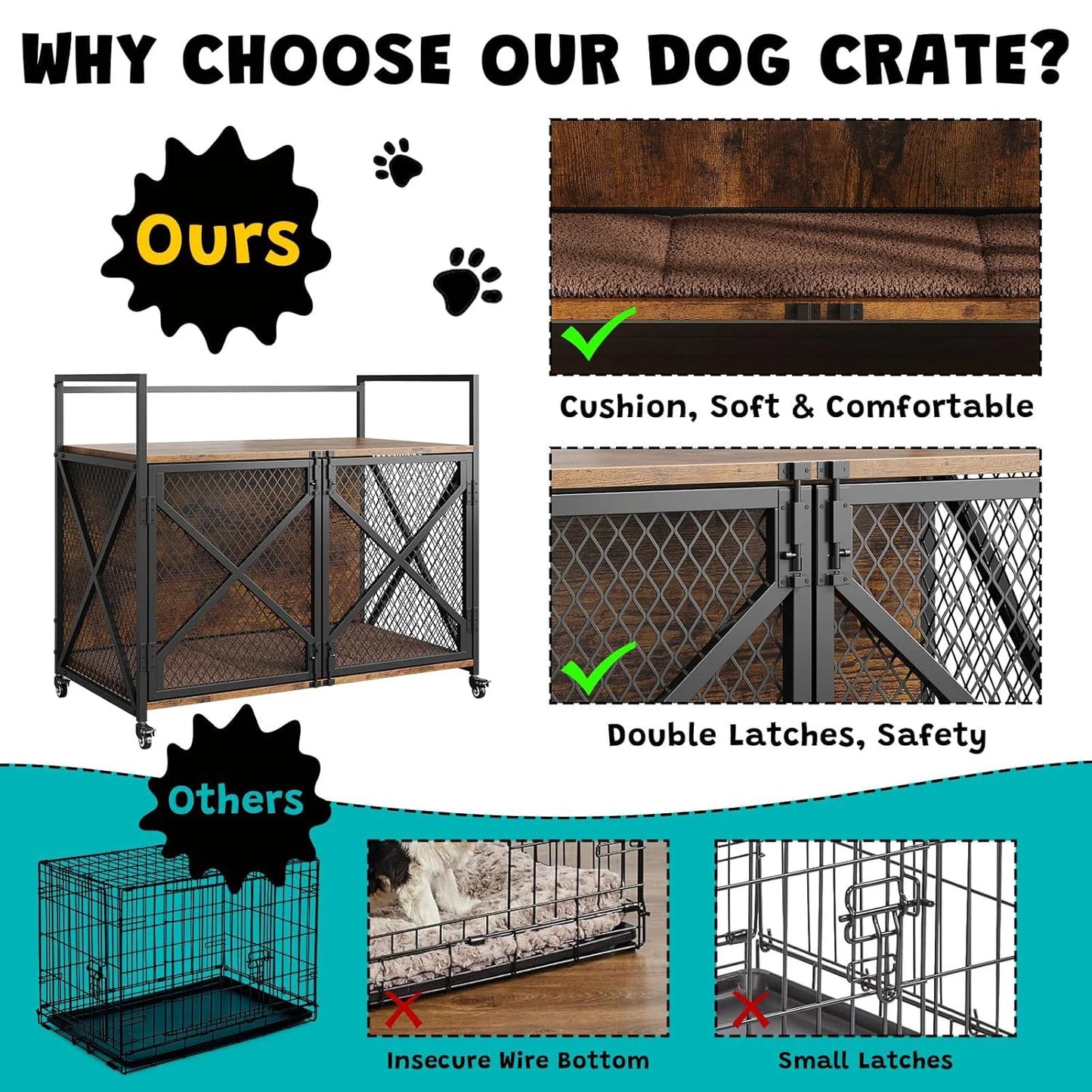 DishyKooker Wooden Durable Dog Crate End Table With Wheels
