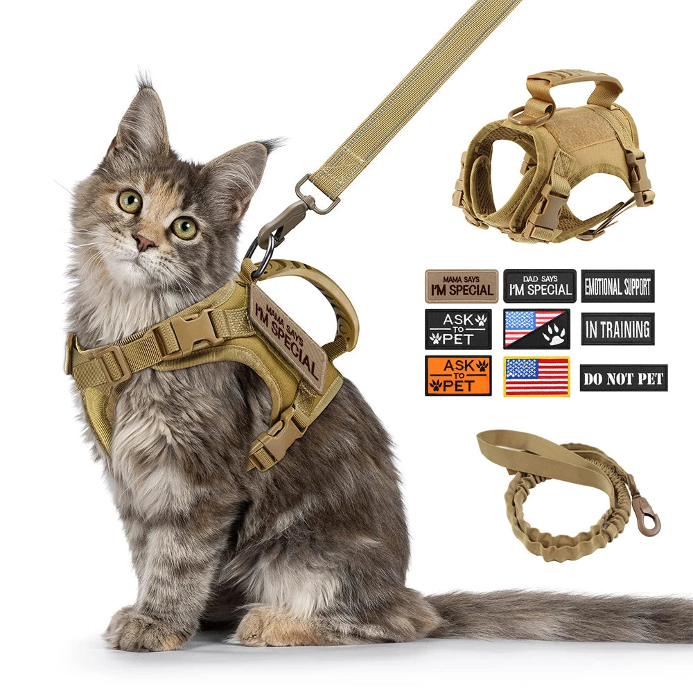 PETRAVEL Tactical Cat Harness Leash With 9 Patches Set
