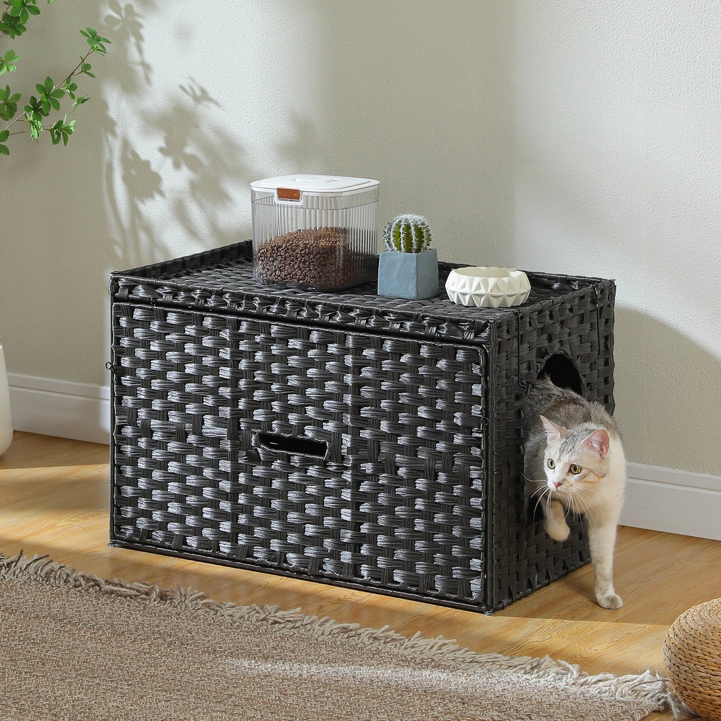 PEQULTICN Rattan Cat Litter Enclosure With Taller Doorway