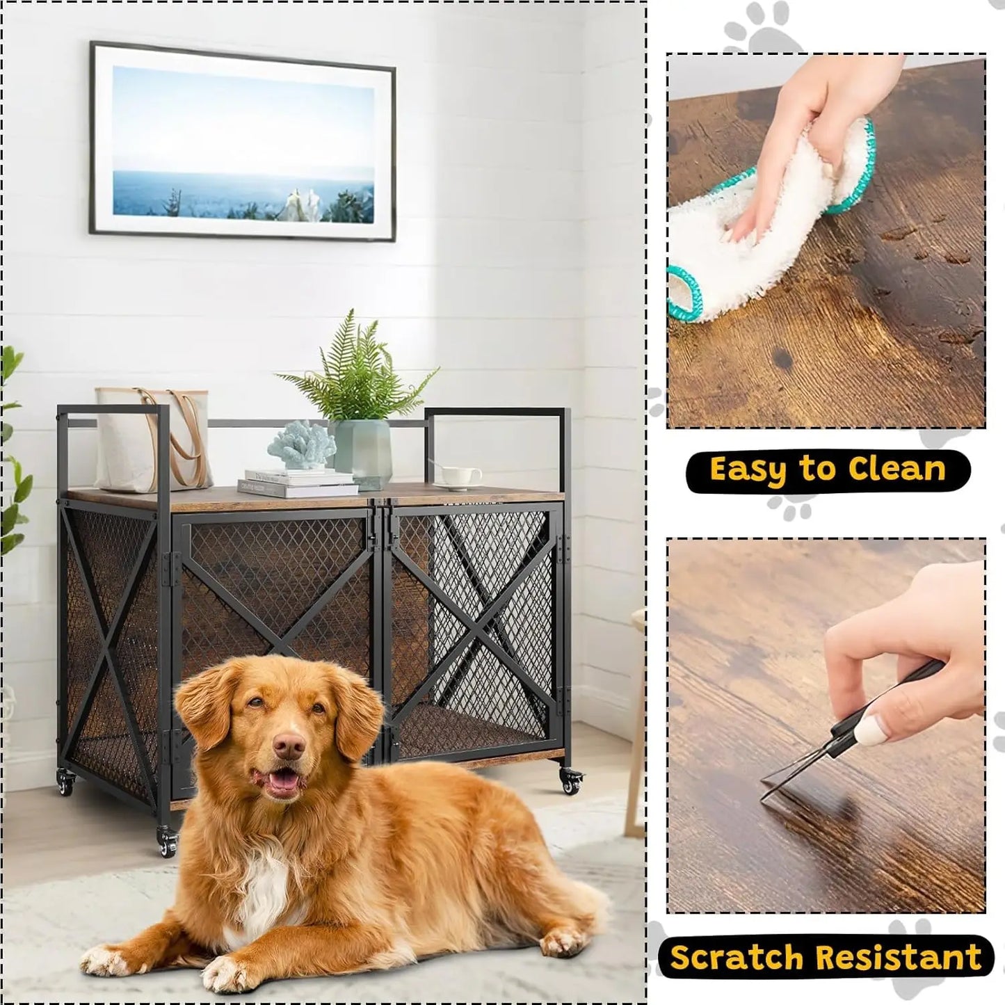 DishyKooker Wooden Durable Dog Crate End Table With Wheels