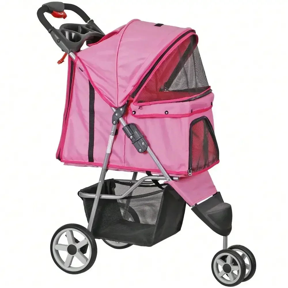 Foldable Three Wheel Pet Stroller For Dogs Cats Cup Holder