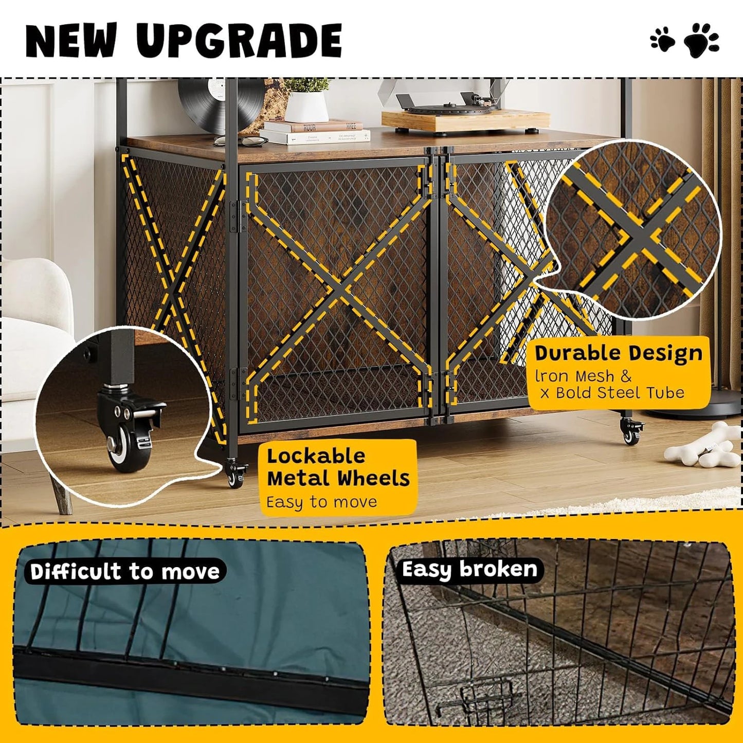 DishyKooker Wooden Durable Dog Crate End Table With Wheels