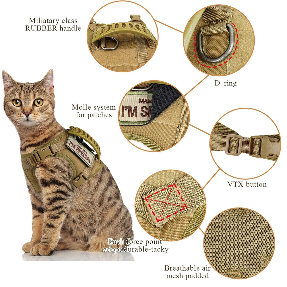 PETRAVEL Tactical Cat Harness Leash With 9 Patches Set